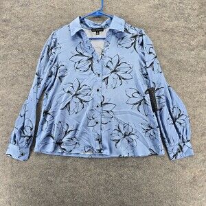 Sara Michelle Blouse Womens Small Button Front Long Sleeve Blue Floral